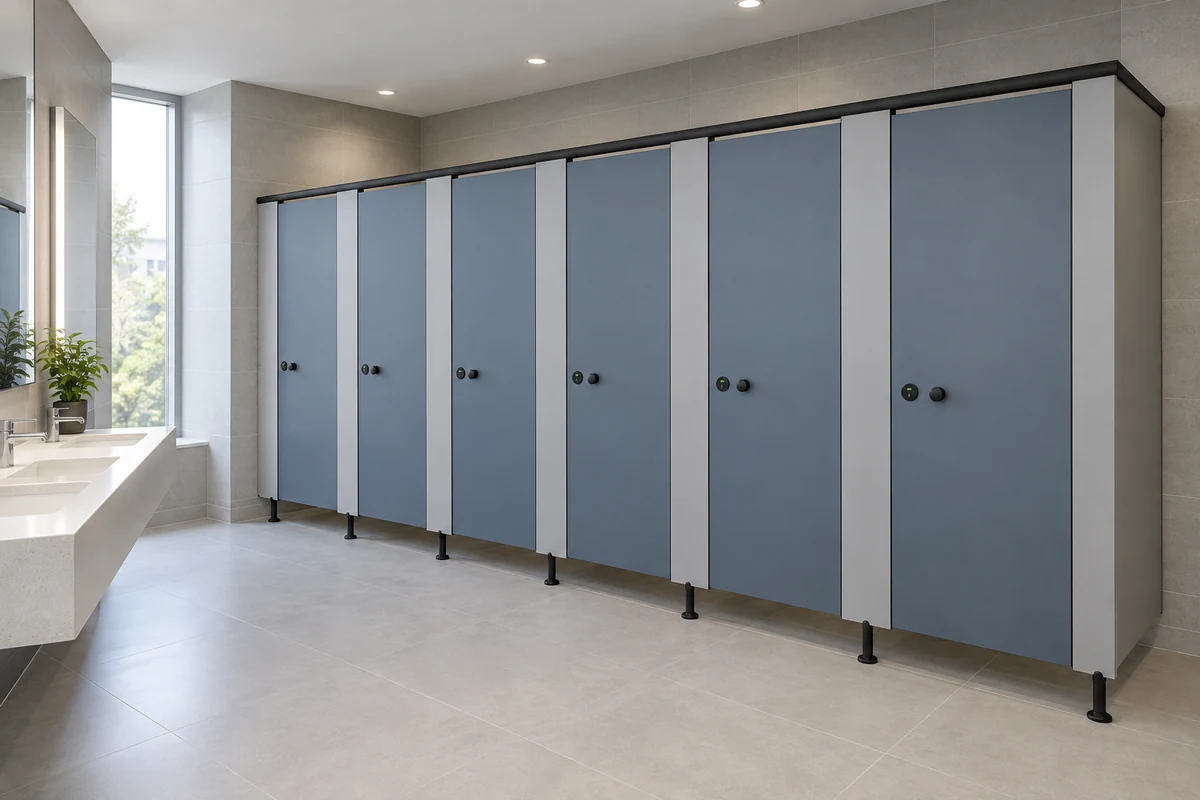 Blue commercial cubicle bank with pilasters and visible floor supports
