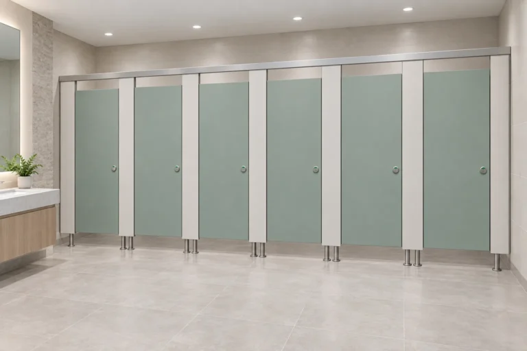 Healthcare washroom with six complete light-green toilet cubicle positions