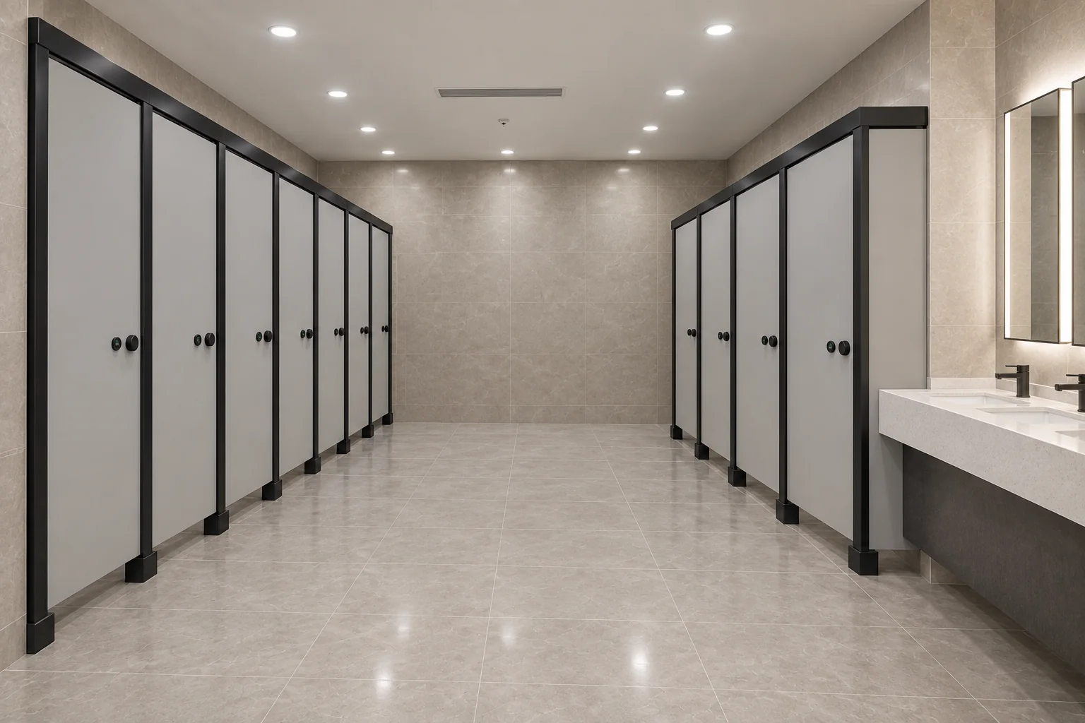Public building washroom with inward-opening light-gray cubicles, seven positions on the left and four on the right beside two basins