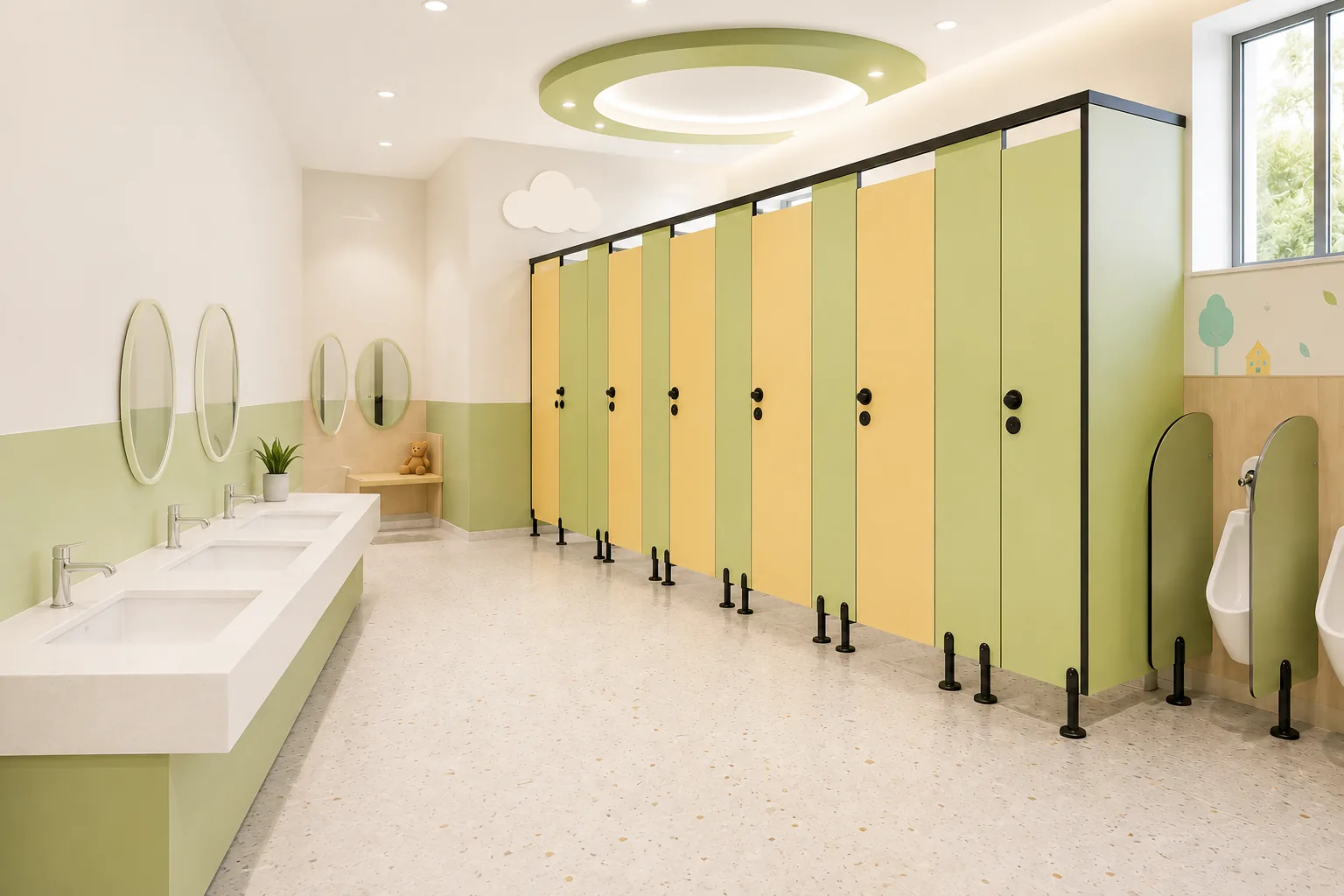 Text-free school washroom with coordinated green and yellow toilet cubicles