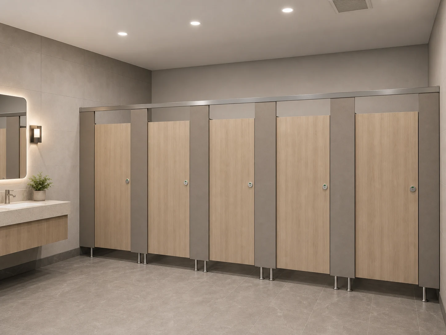 Completed headrail-braced commercial toilet partition installation with lowered door tops and independent support legs