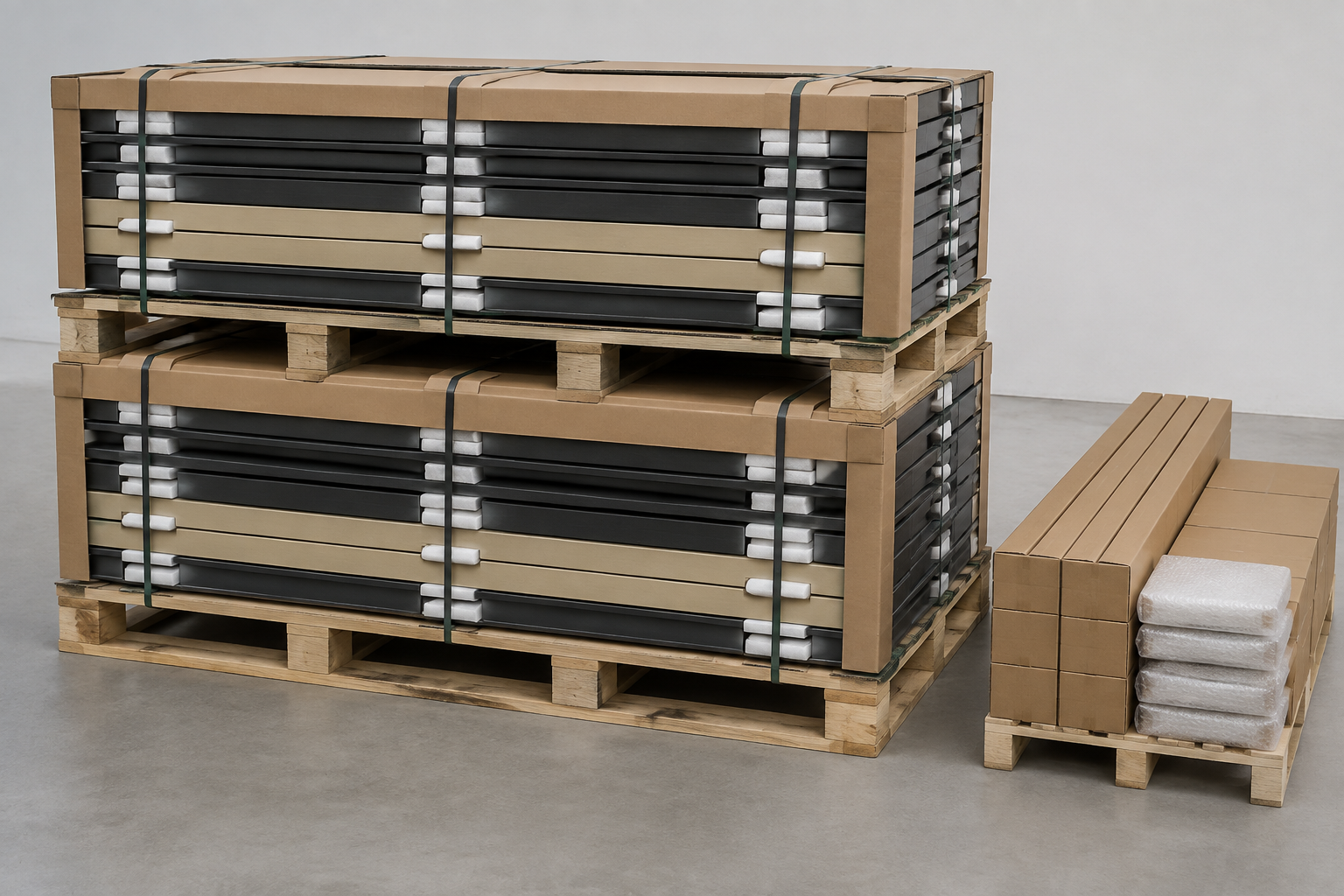 Illustrative protected toilet partition panels prepared for export packing coordination