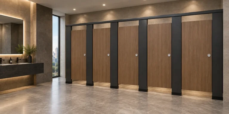 Five standard-height woodgrain toilet cubicles in a premium commercial washroom