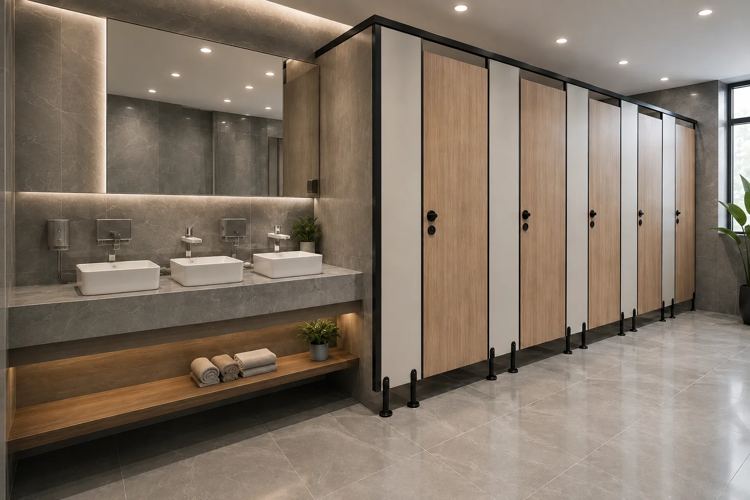 Five coordinated commercial toilet partition cubicles