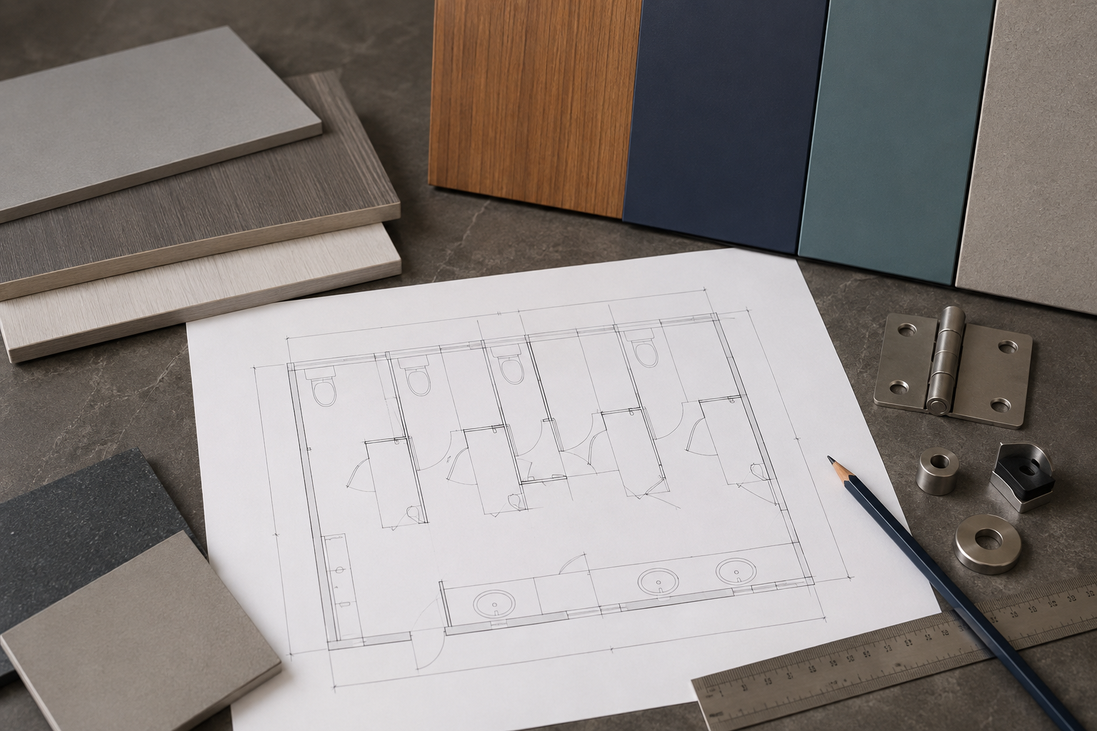 Commercial washroom layout drawing with panel finish and hardware samples for project review