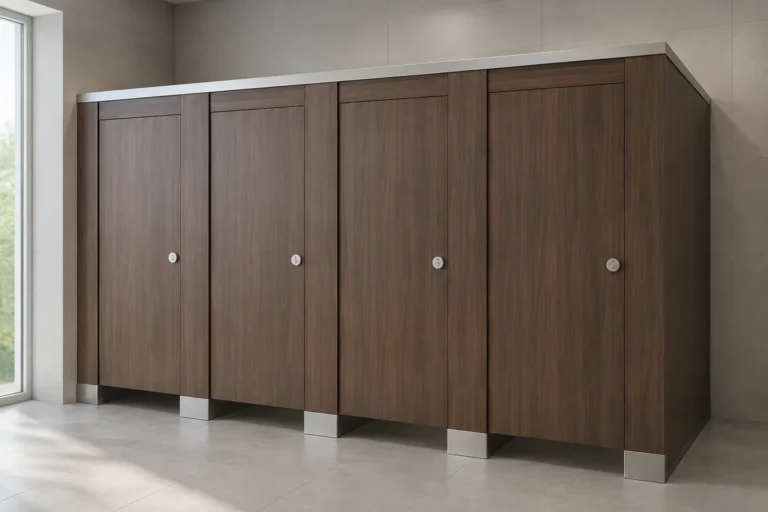 AI-generated design visualization of woodgrain toilet cubicles in a commercial washroom