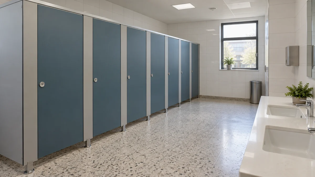Illustration of blue toilet cubicle doors with light grey pilasters in an office washroom