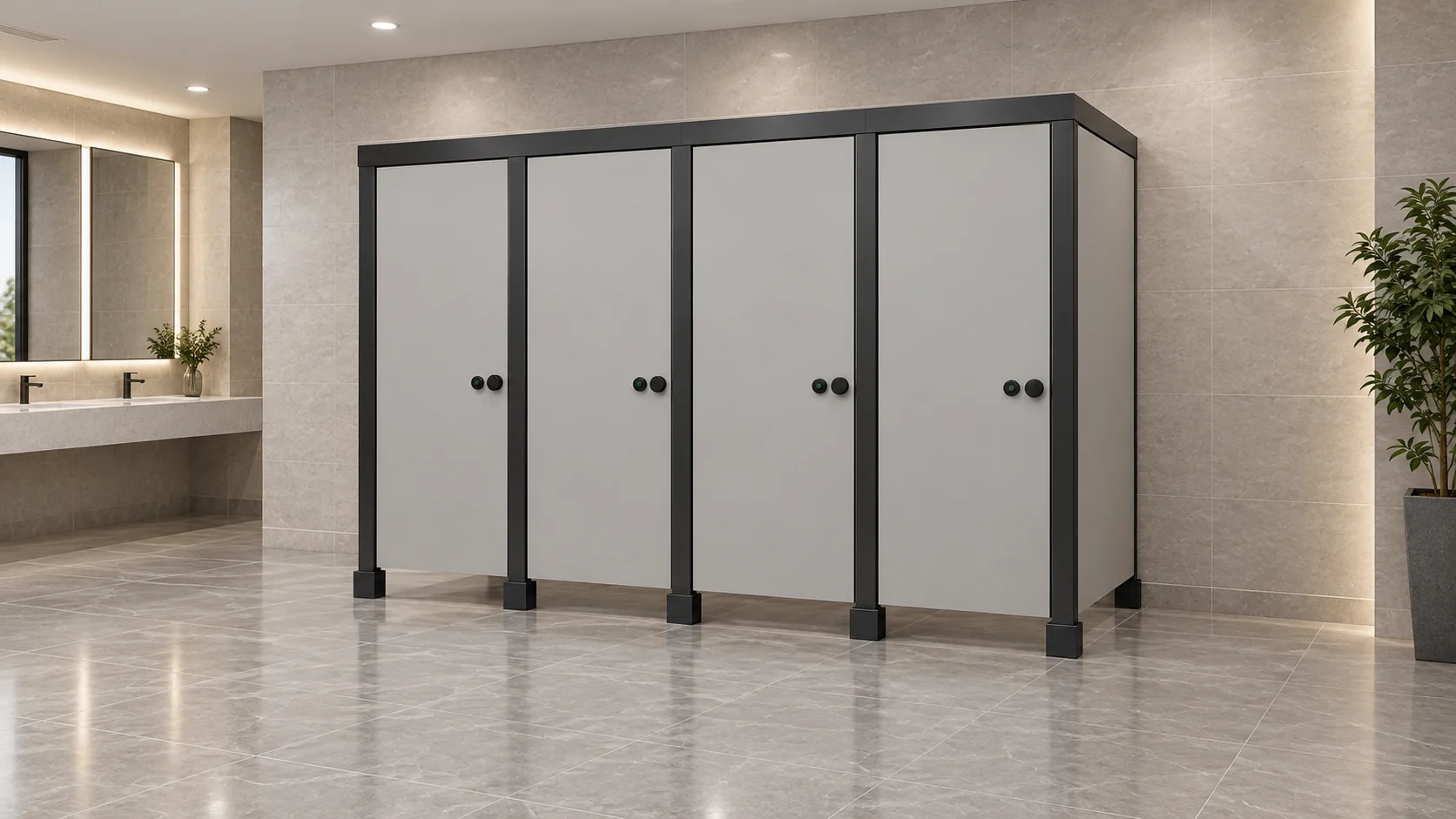 Four light-gray commercial toilet cubicles with dark pilasters and support shoes