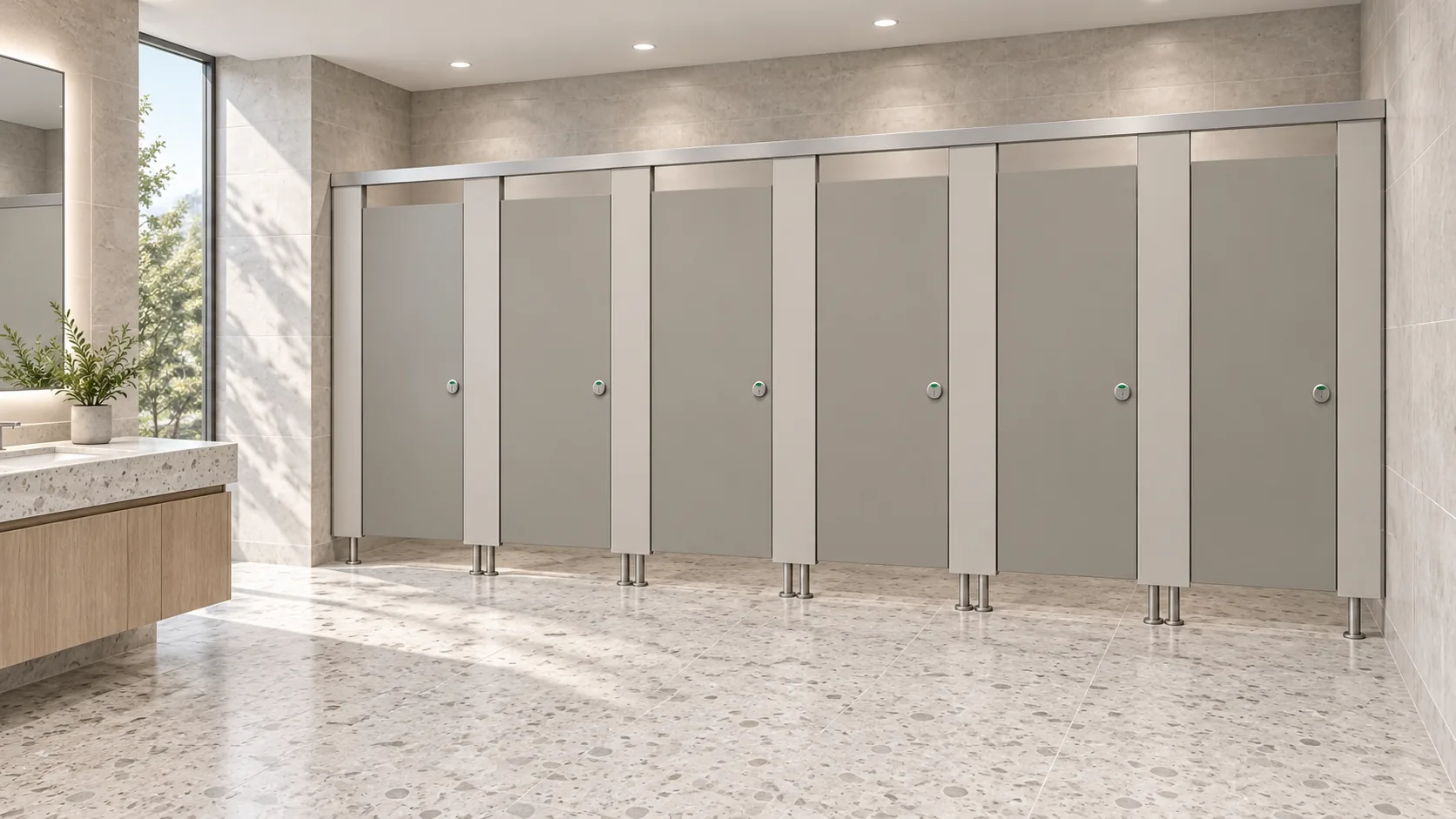 Six gray commercial toilet cubicles with headrail and pedestal supports