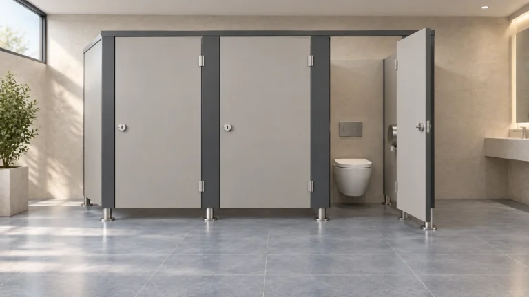 Three gray commercial toilet cubicles with one open door and dark pilasters
