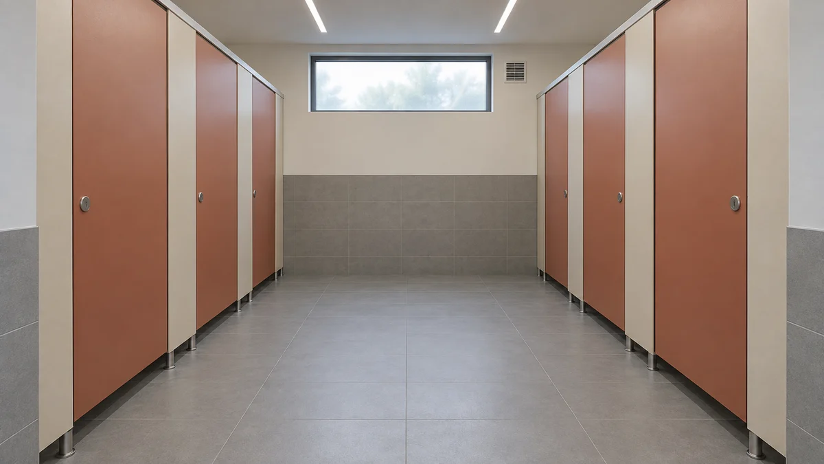 Illustration of two facing banks of terracotta toilet cubicles around a central aisle