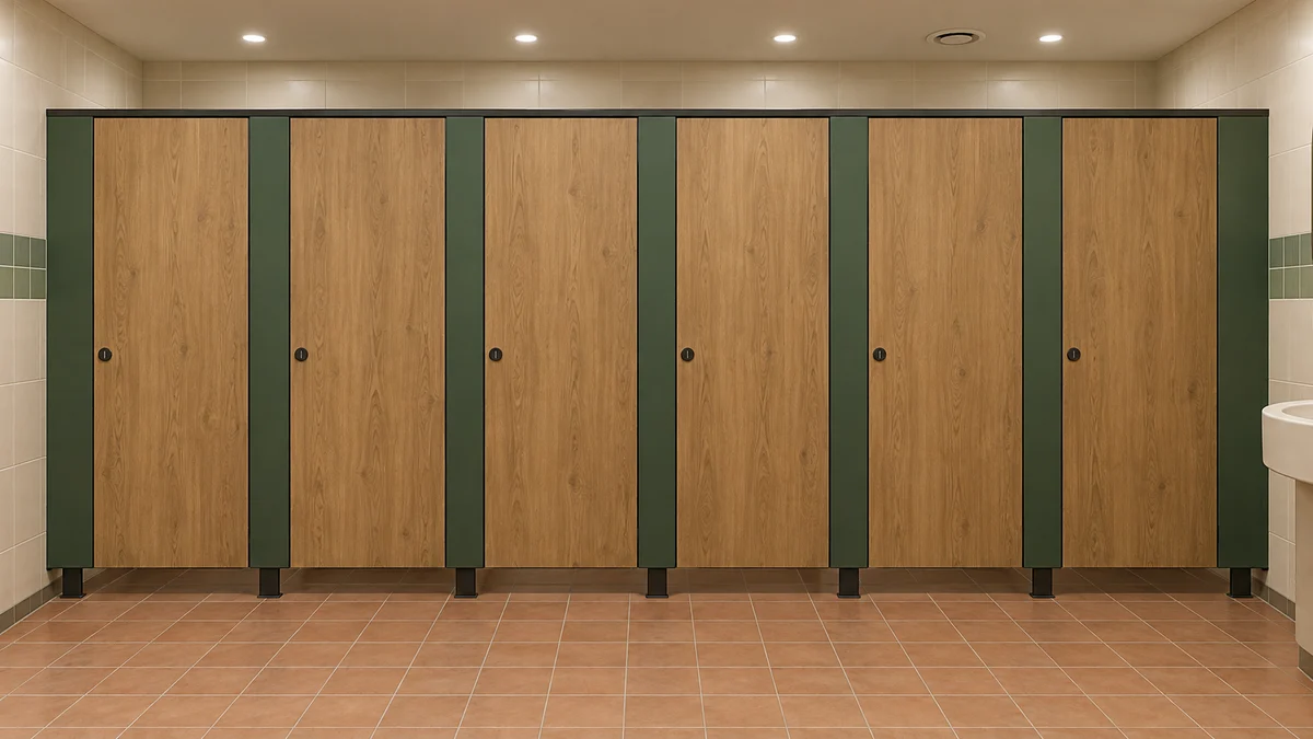 Illustration of oak-effect toilet cubicle doors with green pilasters