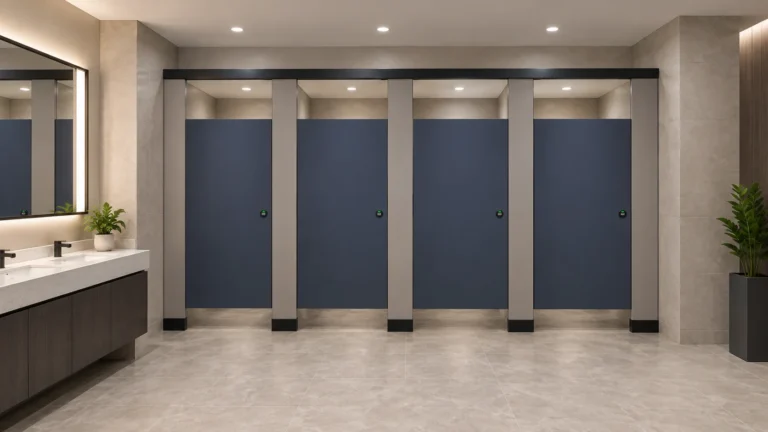 Four navy commercial toilet cubicles with gray pilasters and black support shoes