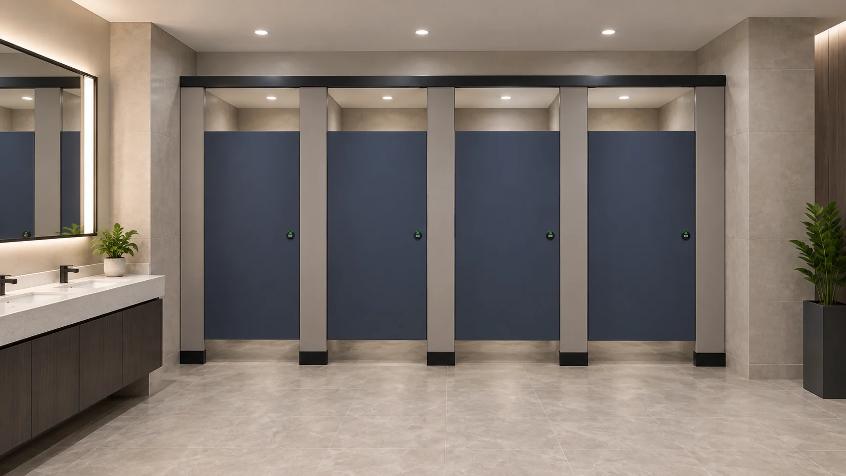 Four navy commercial toilet cubicles with gray pilasters and black support shoes
