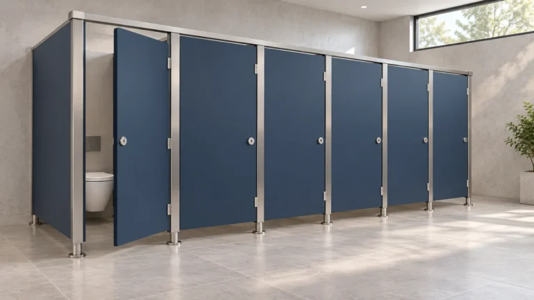 Six navy-blue commercial toilet cubicles with one open door and metal pilasters