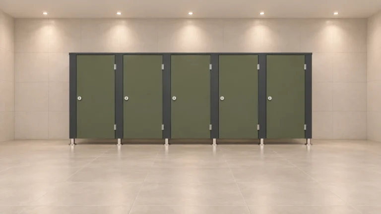 Five closed olive-green commercial toilet cubicles with dark pilasters