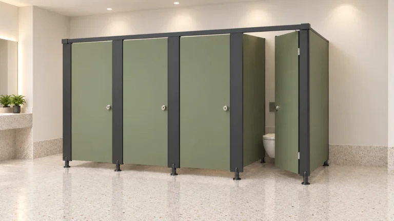 Four olive-green commercial toilet cubicles with one open door and dark pilasters