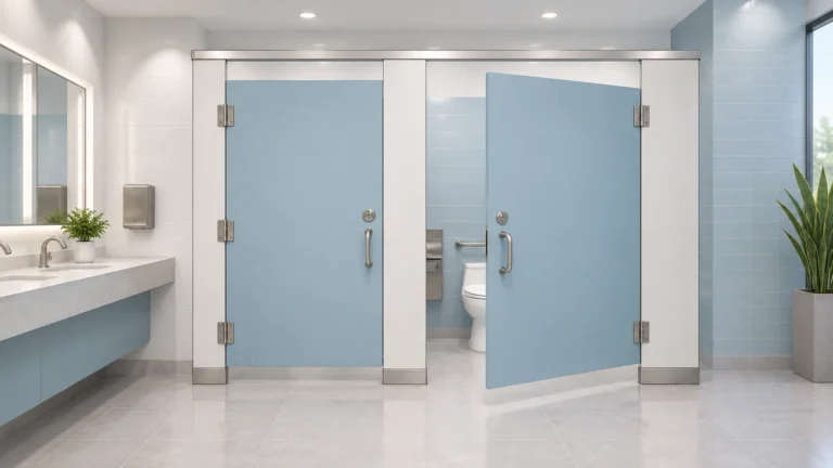 Two pale-blue toilet cubicles with silver headrail and an outward-open door
