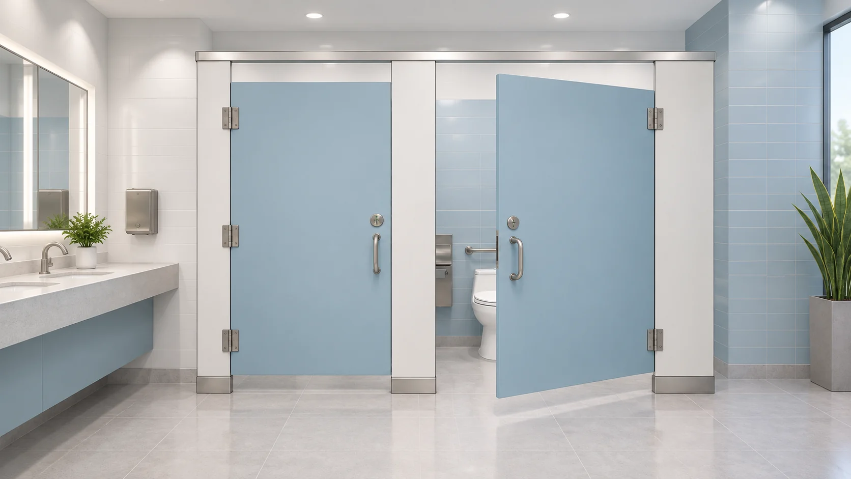 Two pale-blue toilet cubicles with silver headrail and an outward-open door