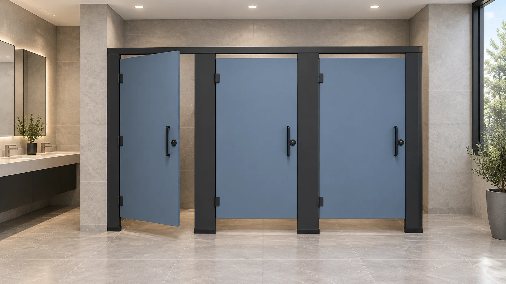 Three slate-blue commercial toilet cubicles with one outward-open door
