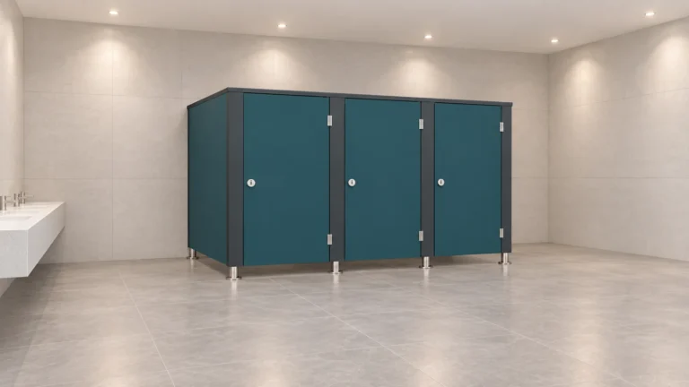 Three closed teal-blue commercial toilet cubicles with dark pilasters