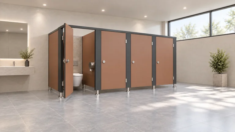 Four terracotta-brown commercial toilet cubicles with one open door and dark pilasters