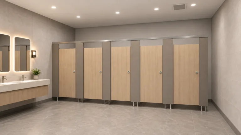 Five woodgrain commercial toilet cubicles with headrail and pedestal supports